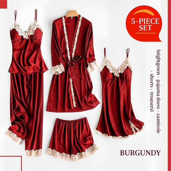 5Pcs Set Soft Ice Silk Lace Pajamas