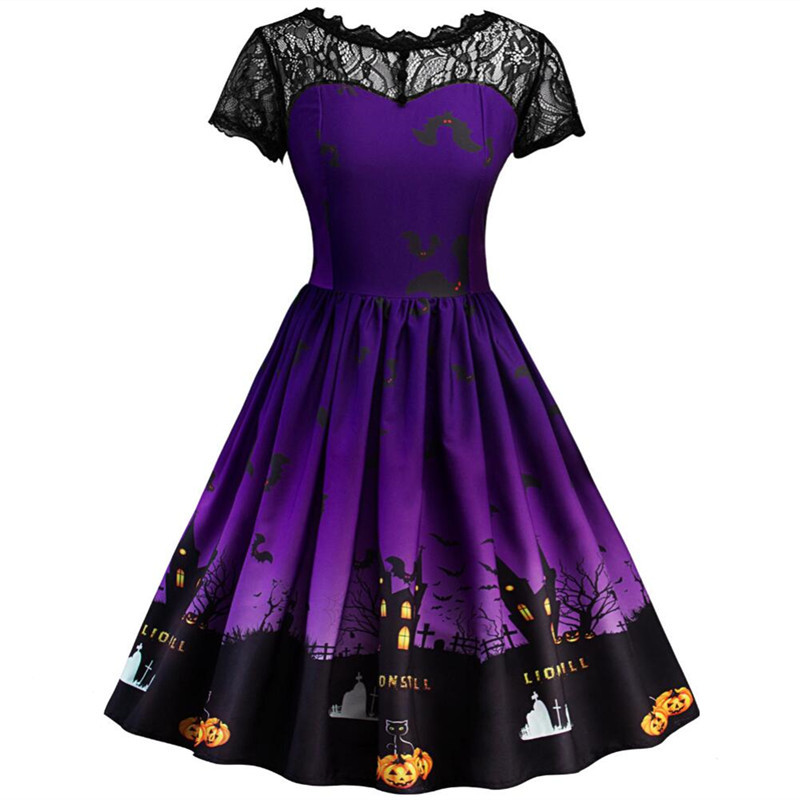 Halloween dress, Forthery ladies pumpkin skating skirt dress A-line lace skull dress