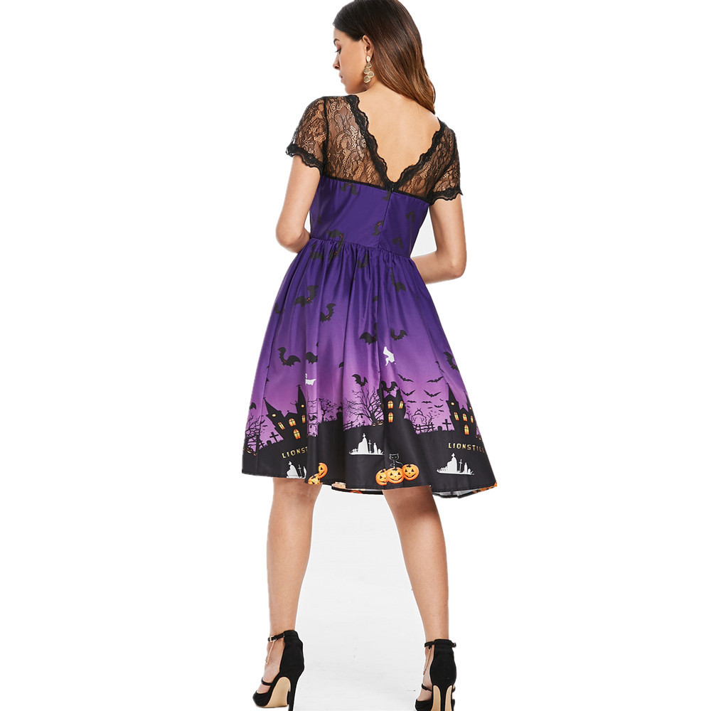 Halloween dress, Forthery ladies pumpkin skating skirt dress A-line lace skull dress