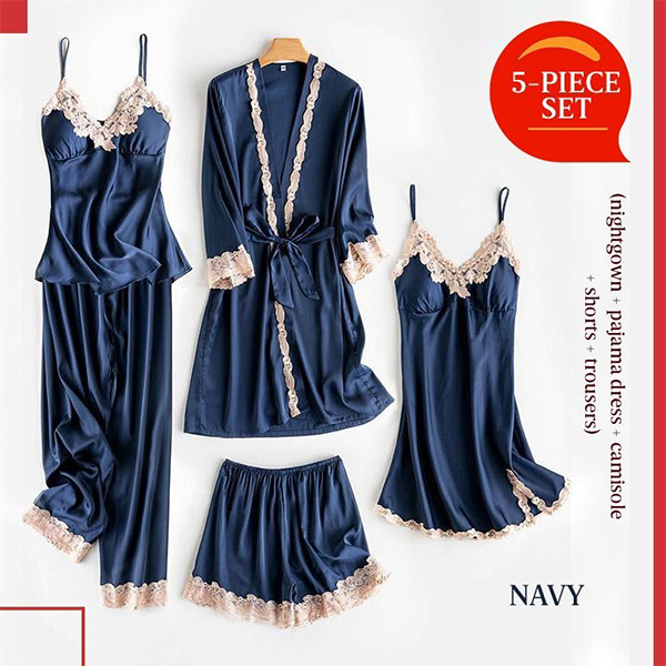 5Pcs Set Soft Ice Silk Lace Pajamas