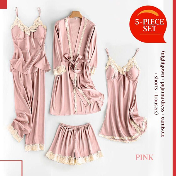 5Pcs Set Soft Ice Silk Lace Pajamas