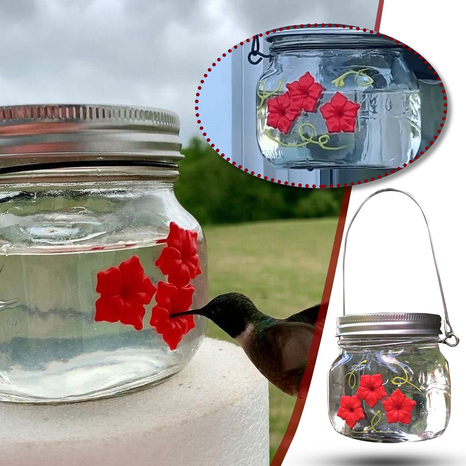 Beautiful Mason Jar Hummingbird Feeder W/Three Ports,Bring your garden to life