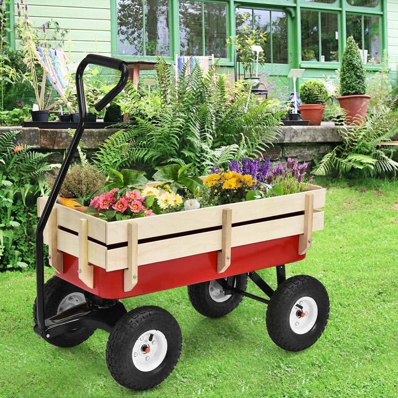 Outdoor Heavy Duty Garden Cart Wagon with Wood Railing - pawpawyo