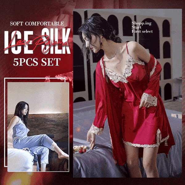 5Pcs Set Soft Ice Silk Lace Pajamas